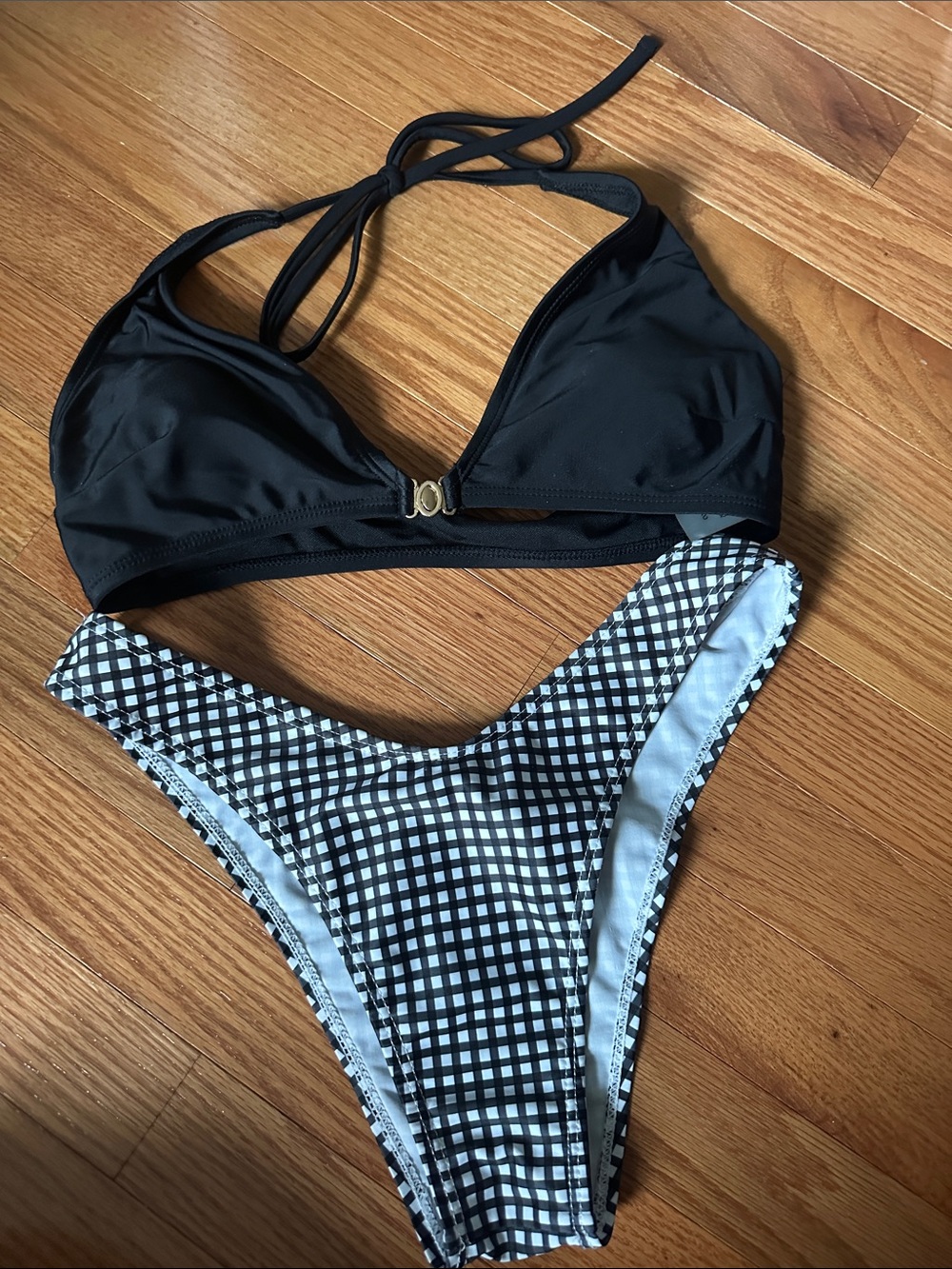 SHEIN Black Halter Top with Black & White Gingham High-Cut Bottom